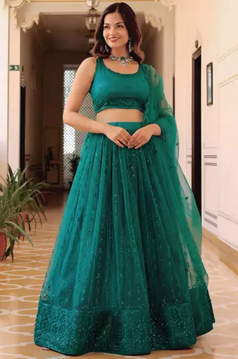 teal blue net embroidered lehenga choli with dupatta