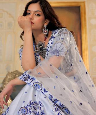 white satin embroidered lehenga choli with dupatta 5