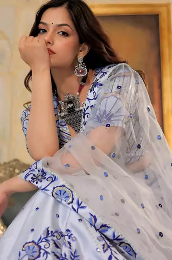 white satin embroidered lehenga choli with dupatta