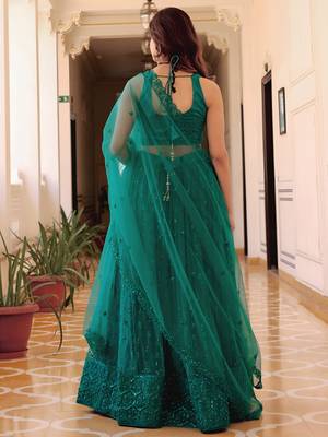 teal blue net embroidered lehenga choli with dupatta 3