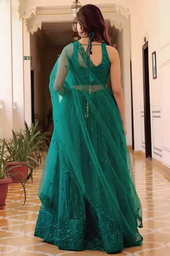 teal blue net embroidered lehenga choli with dupatta
