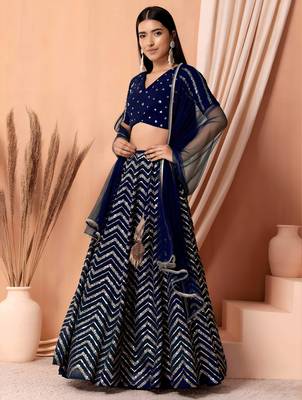 blue georgette embroidered lehenga choli with dupatta 1