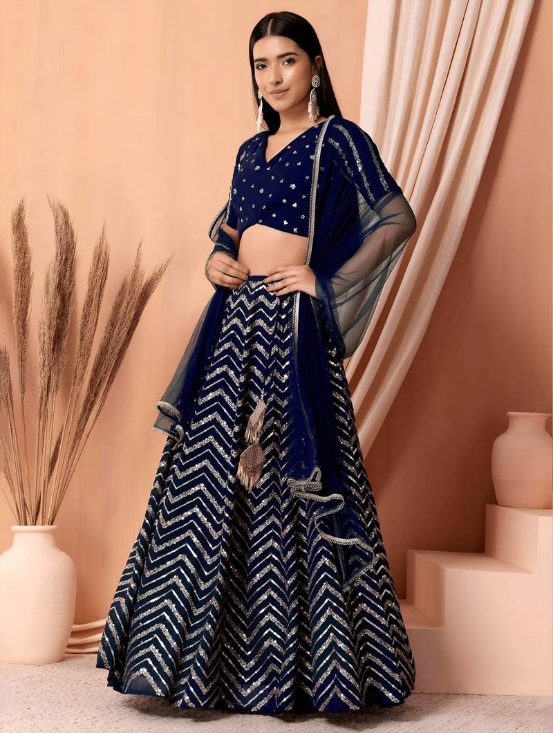 blue georgette embroidered lehenga choli with dupatta