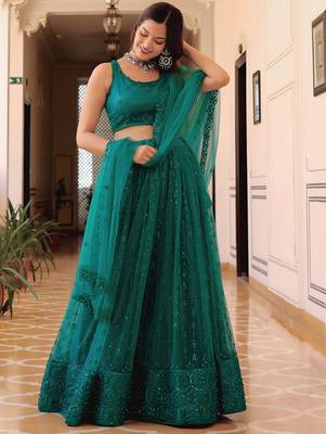teal blue net embroidered lehenga choli with dupatta 4
