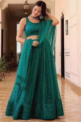 teal blue net embroidered lehenga choli with dupatta