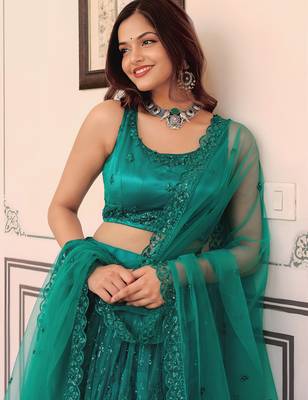 teal blue net embroidered lehenga choli with dupatta 5