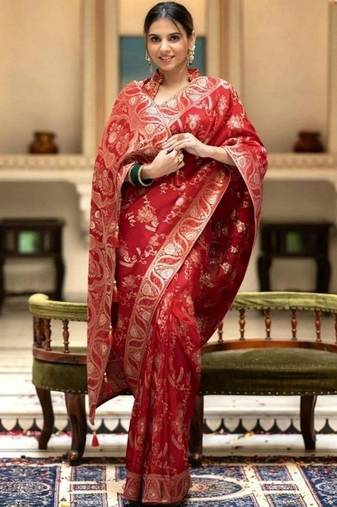 red woven art silk saree with blouse