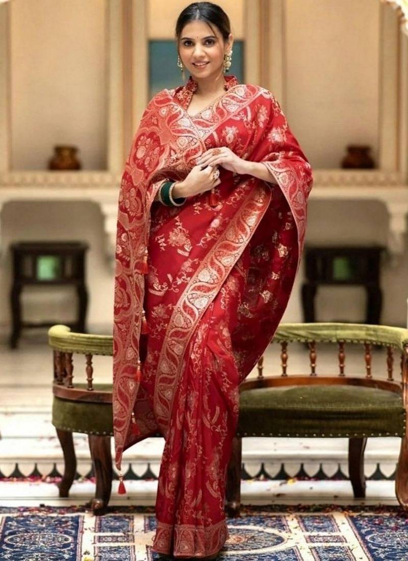 red woven art silk saree with blouse