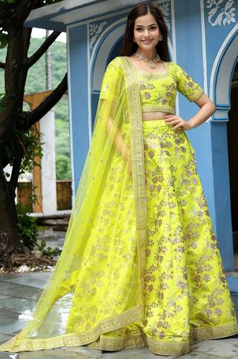 parrot green silk embroidered lehenga choli with dupatta
