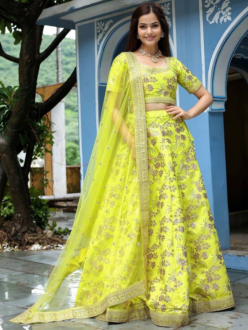 parrot green silk embroidered lehenga choli with dupatta