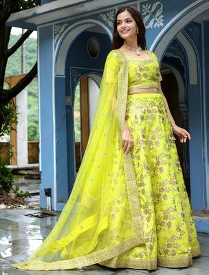 parrot green silk embroidered lehenga choli with dupatta 2
