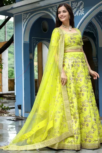 parrot green silk embroidered lehenga choli with dupatta