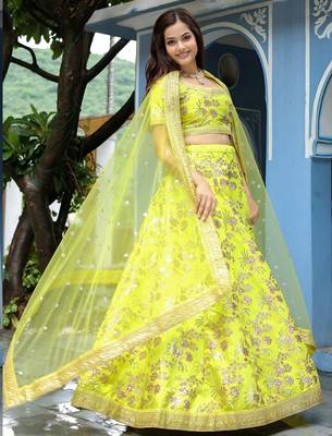 parrot green silk embroidered lehenga choli with dupatta 3