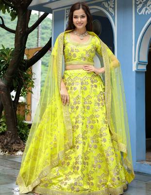 parrot green silk embroidered lehenga choli with dupatta 5