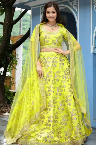 parrot green silk embroidered lehenga choli with dupatta