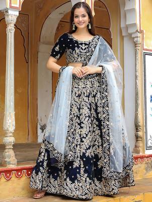 blue velvet embroidered lehenga choli with dupatta 1