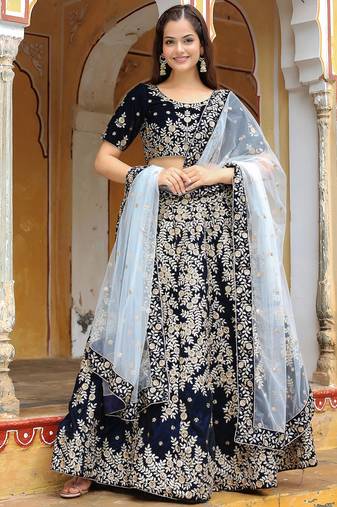blue velvet embroidered lehenga choli with dupatta