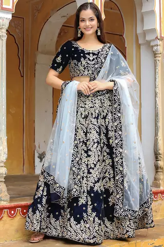 blue velvet embroidered lehenga choli with dupatta