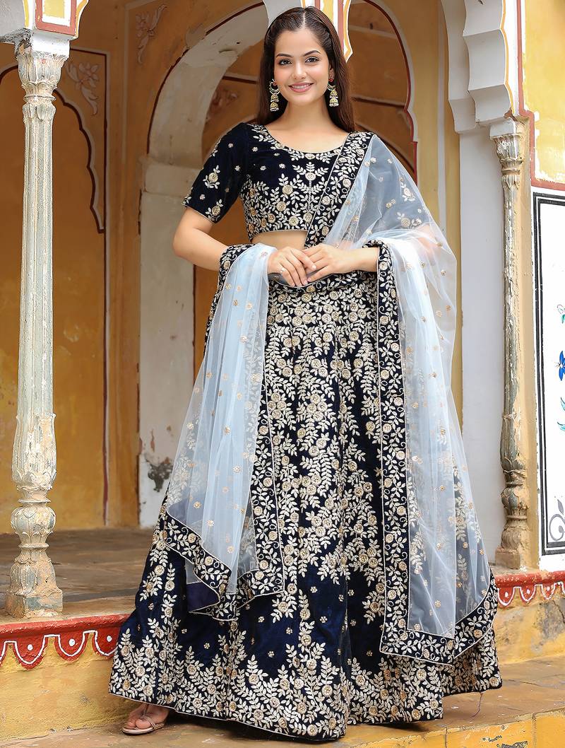 blue velvet embroidered lehenga choli with dupatta