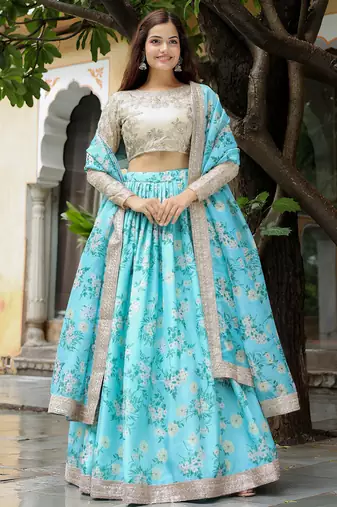 sky blue organza embroidered lehenga choli with dupatta