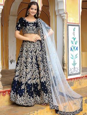 blue velvet embroidered lehenga choli with dupatta 2