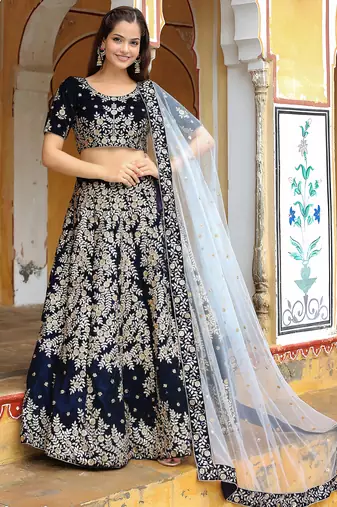 blue velvet embroidered lehenga choli with dupatta