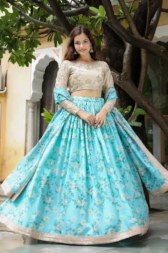 sky blue organza embroidered lehenga choli with dupatta