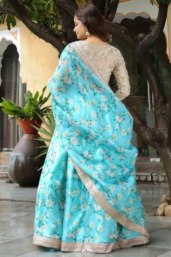 sky blue organza embroidered lehenga choli with dupatta