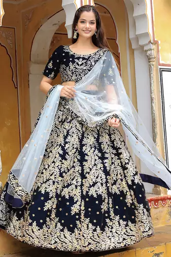 blue velvet embroidered lehenga choli with dupatta