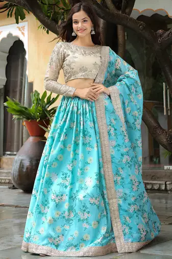 sky blue organza embroidered lehenga choli with dupatta