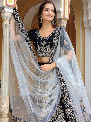 blue velvet embroidered lehenga choli with dupatta 5