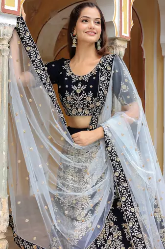 blue velvet embroidered lehenga choli with dupatta