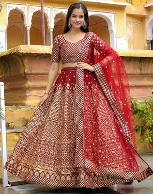 maroon silk blend embroidered lehenga choli with dupatta 1