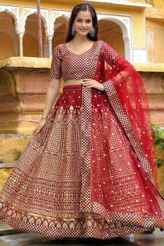 maroon silk blend embroidered lehenga choli with dupatta