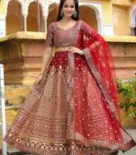 maroon silk blend embroidered lehenga choli with dupatta