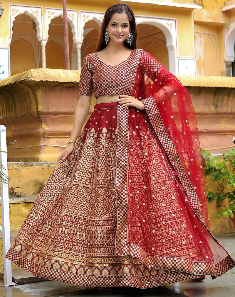 maroon silk blend embroidered lehenga choli with dupatta