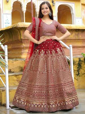 maroon silk blend embroidered lehenga choli with dupatta 2