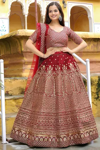 maroon silk blend embroidered lehenga choli with dupatta