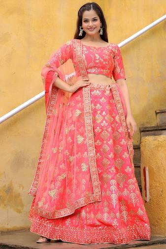peach net embroidered lehenga choli with dupatta