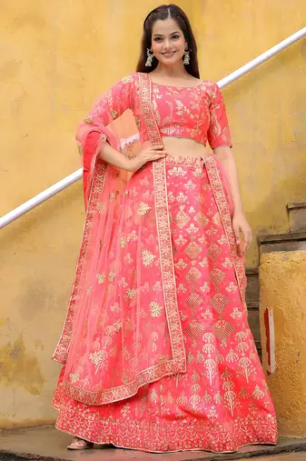 peach net embroidered lehenga choli with dupatta