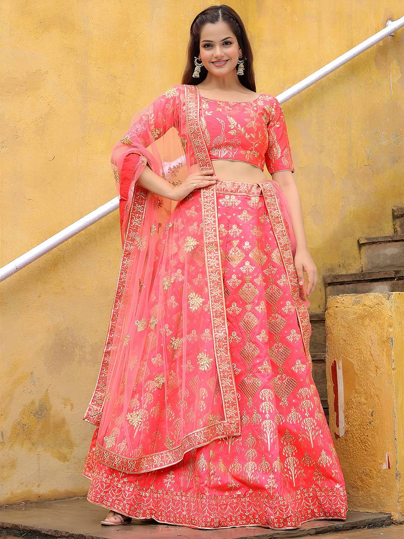peach net embroidered lehenga choli with dupatta