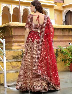 maroon silk blend embroidered lehenga choli with dupatta 3