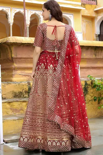 maroon silk blend embroidered lehenga choli with dupatta