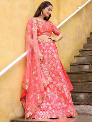 peach net embroidered lehenga choli with dupatta 2