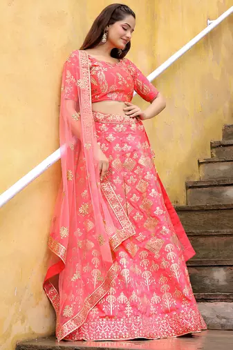 peach net embroidered lehenga choli with dupatta