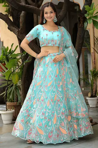 sky blue silk blend embroidered lehenga choli with dupatta