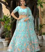 sky blue silk blend embroidered lehenga choli with dupatta