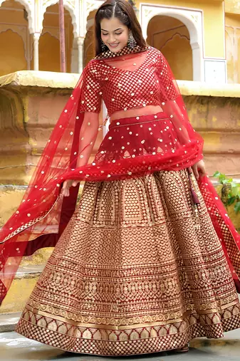 maroon silk blend embroidered lehenga choli with dupatta