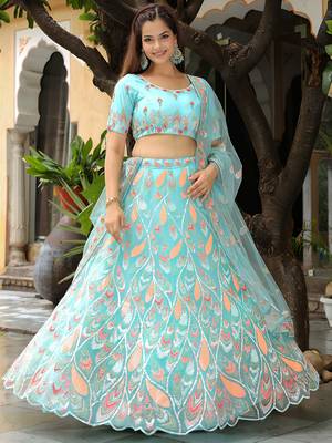 sky blue silk blend embroidered lehenga choli with dupatta 2