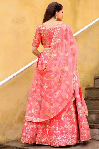 peach net embroidered lehenga choli with dupatta